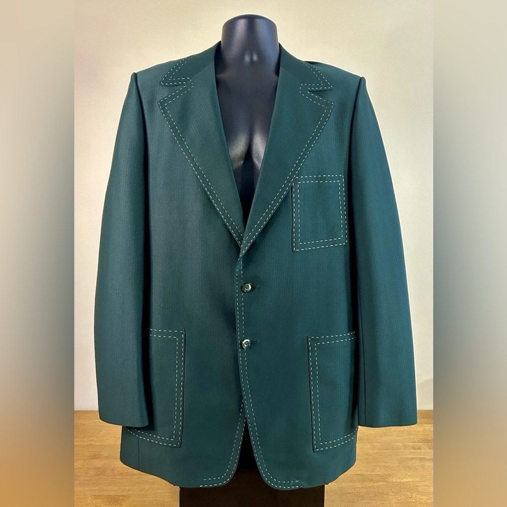 Vintage Men’s 70s Disco Green Leisure Blazer with Contrast Stitch Sz 40L